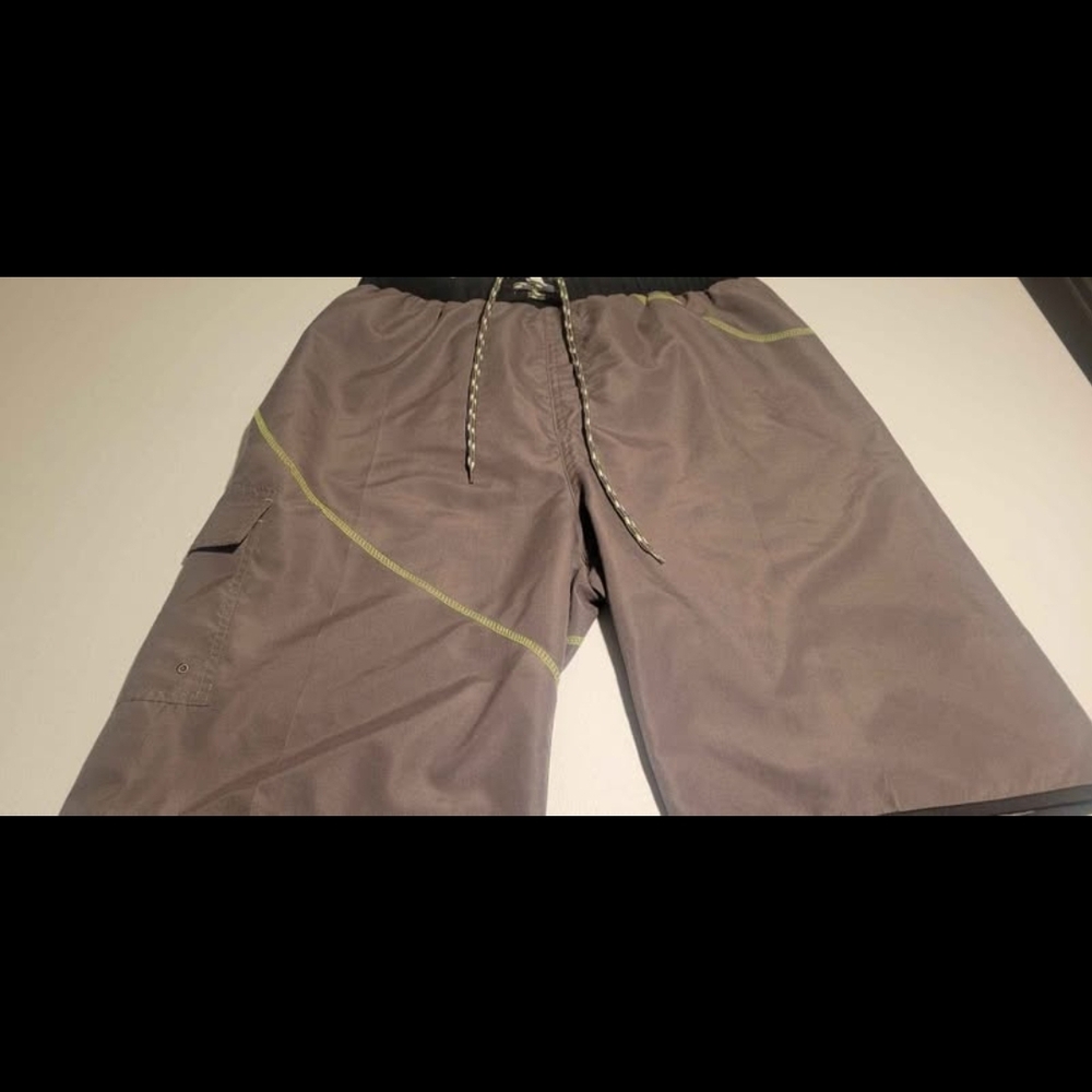 Gray Cargo Swim Shorts with Yellow Accents